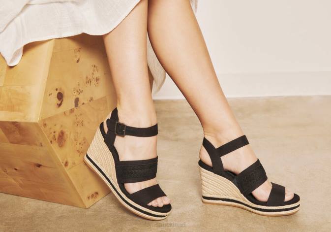 Women Black Canvas Toms Madelyn Wedge Sandal Shoes R26T221