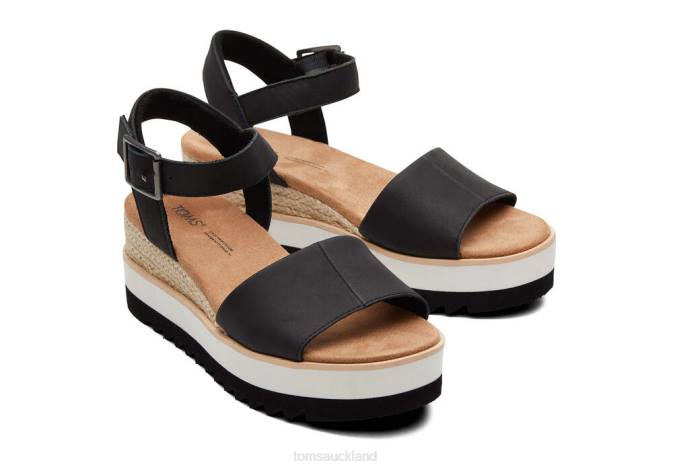 Women Black Leather Toms Diana Leather Wedge Sandal Shoes R26T202
